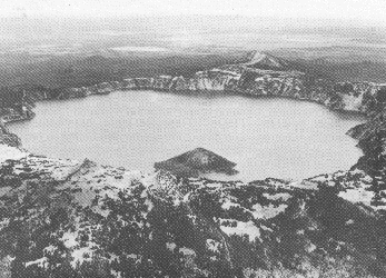 Crater Lake, Oregon; Wizard Island, a cinder cone, rises above the lake surface. SOURCE: U.S. Geological Survey