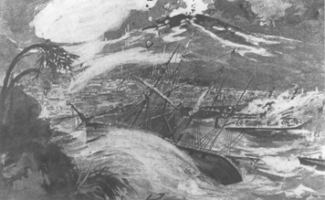 TA sketch of the havoc wrought in St. Pierre Harbor on Martinique during the eruption of Mont Pele in 1902. SOURCE: U.S. Geological Survey